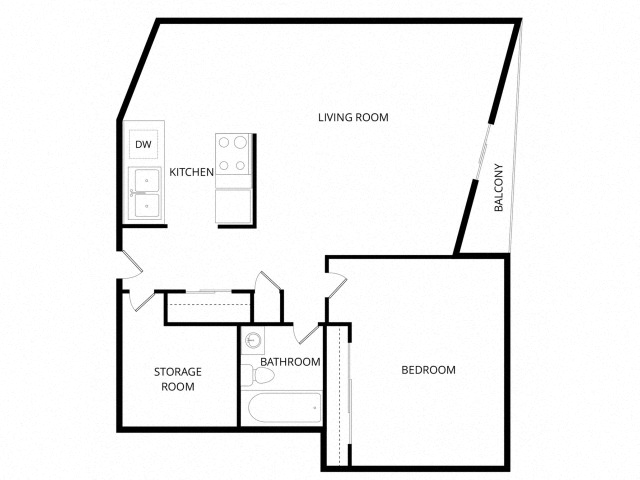 Floor plan for 1 bed, 1 bath, 730 sqft